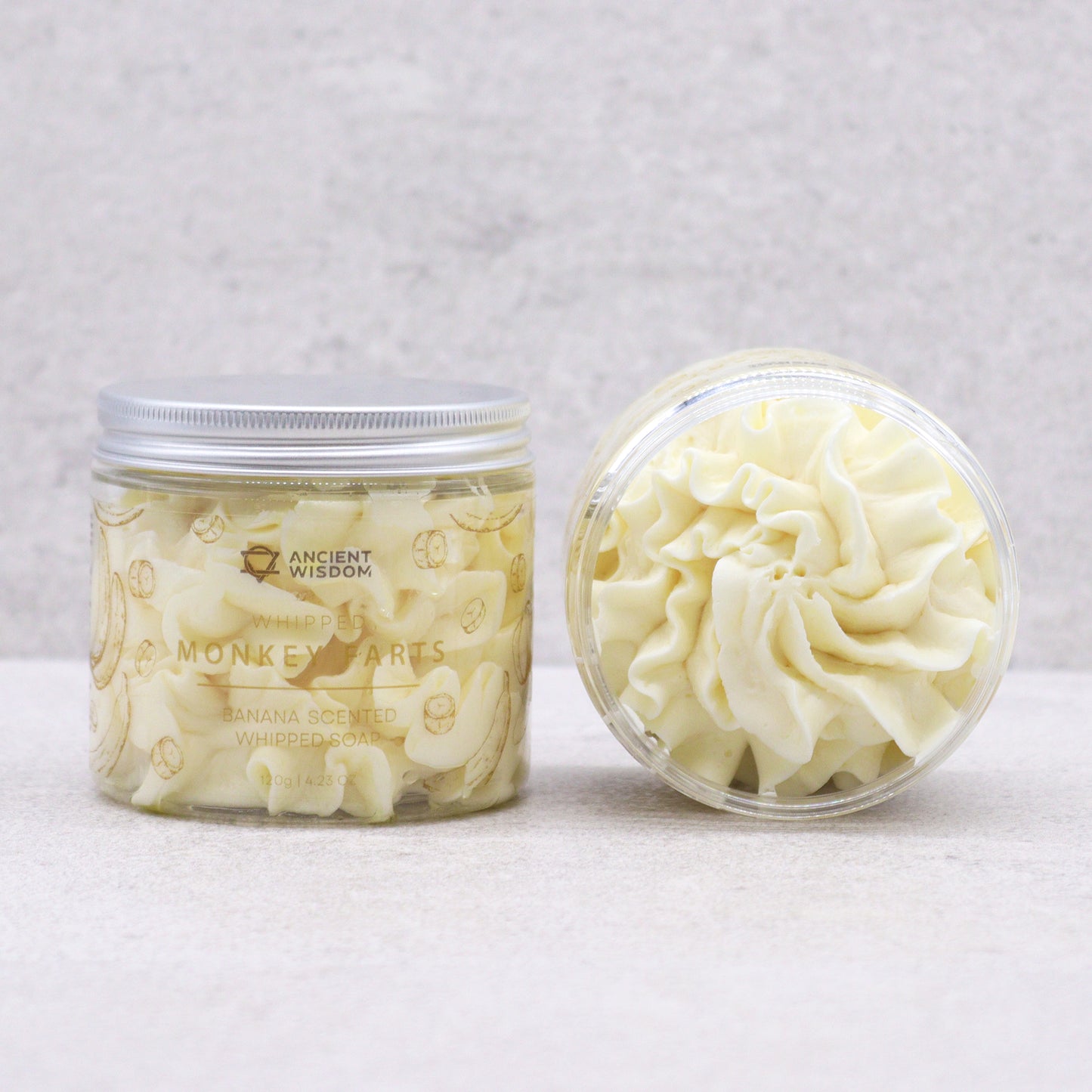 whipped soap banana monkey farts  120 g jar cruelty free paraben free sls free vegan friendly handcrafted in the uk suitable for all skin types moisturising exfoliating hydrating versatile use as body wash body scrub or shaving soap