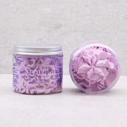 Whipped Soap Violet Paradise 120 g Jar cruelty free Paraben free SLS free vegan friendly handcrafted in the uk suitable for all skin types moisturising exfoliating hydrating versatile as body wash-body scrub or shaving cream