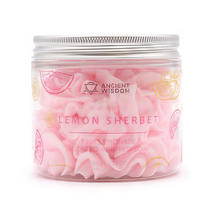 Whipped Soap Lemon Sherbet 120 g Jar cruelty free paraben free sls free vegan friendly suitable for all skin types moisturising exfoliating hydrating made in the uk