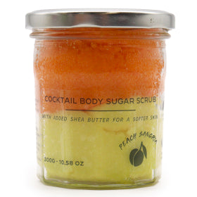 Sugar Body Scrub Peach & Sangria 300 g Reusable Jar vegan friendly cruelty free paraben and sls free added shea butter for gentle moisturising and exfoliation removes impurities and removes dead skin cells suitable for all skin types aids circulation made in the uk 