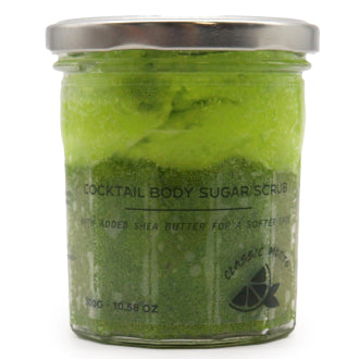 Sugar Body Scrub Exotic Fruit Mojito Classic 300 g Reusable Jar Vegan friendly-Cruelty free-Paraben and sls free-suitable for all skin types added shea butter for moisturising and gentle exfoliation removes impurities and dead skin cells and aids circulation made in the uk 