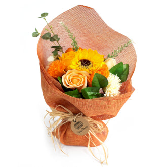 soap flowers bouquet Orange Rose and Sunflower handcrafted luxury bath gift Eco-friendly SLS-free paraben-free and silicone-free these scented moisturising soap flowers bring elegance visual appeal and a refreshing aroma Ideal for personal care routines hand washing bathing.
